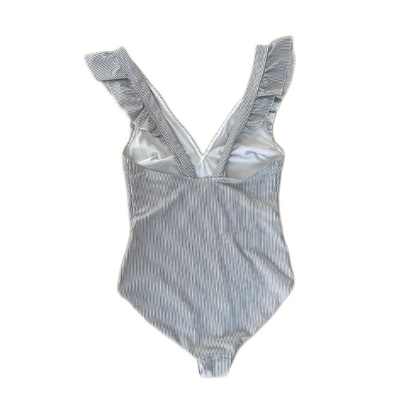 NWT‎ & Other Stories Frilled Pinstripe One Piece Bathing Suit White Blue Size 2 - Picture 3 of 14